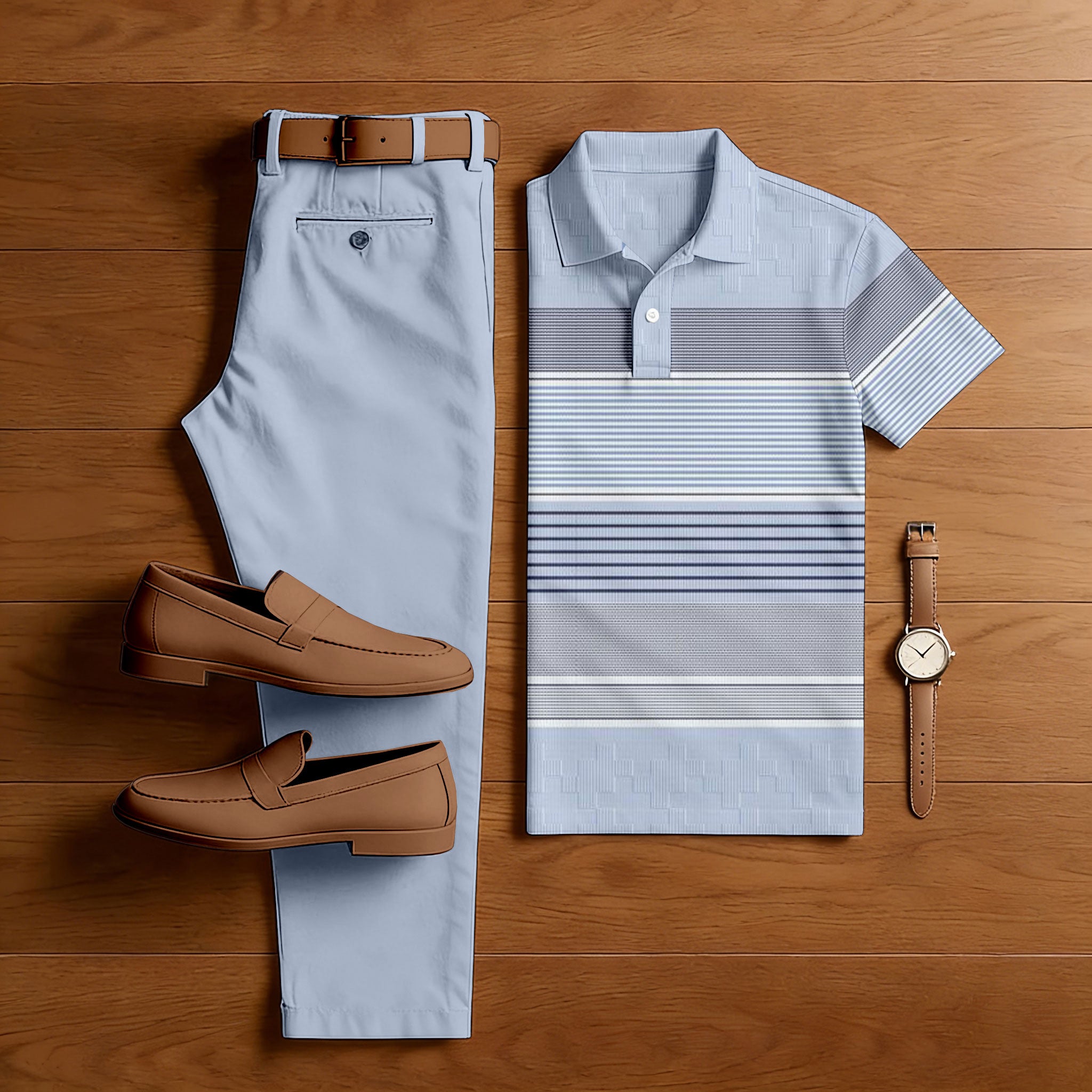 Men's Casual Blue Color Matching Geometric Printed Short Sleeved Polo Shirt & Trousers Two-Piece Set
