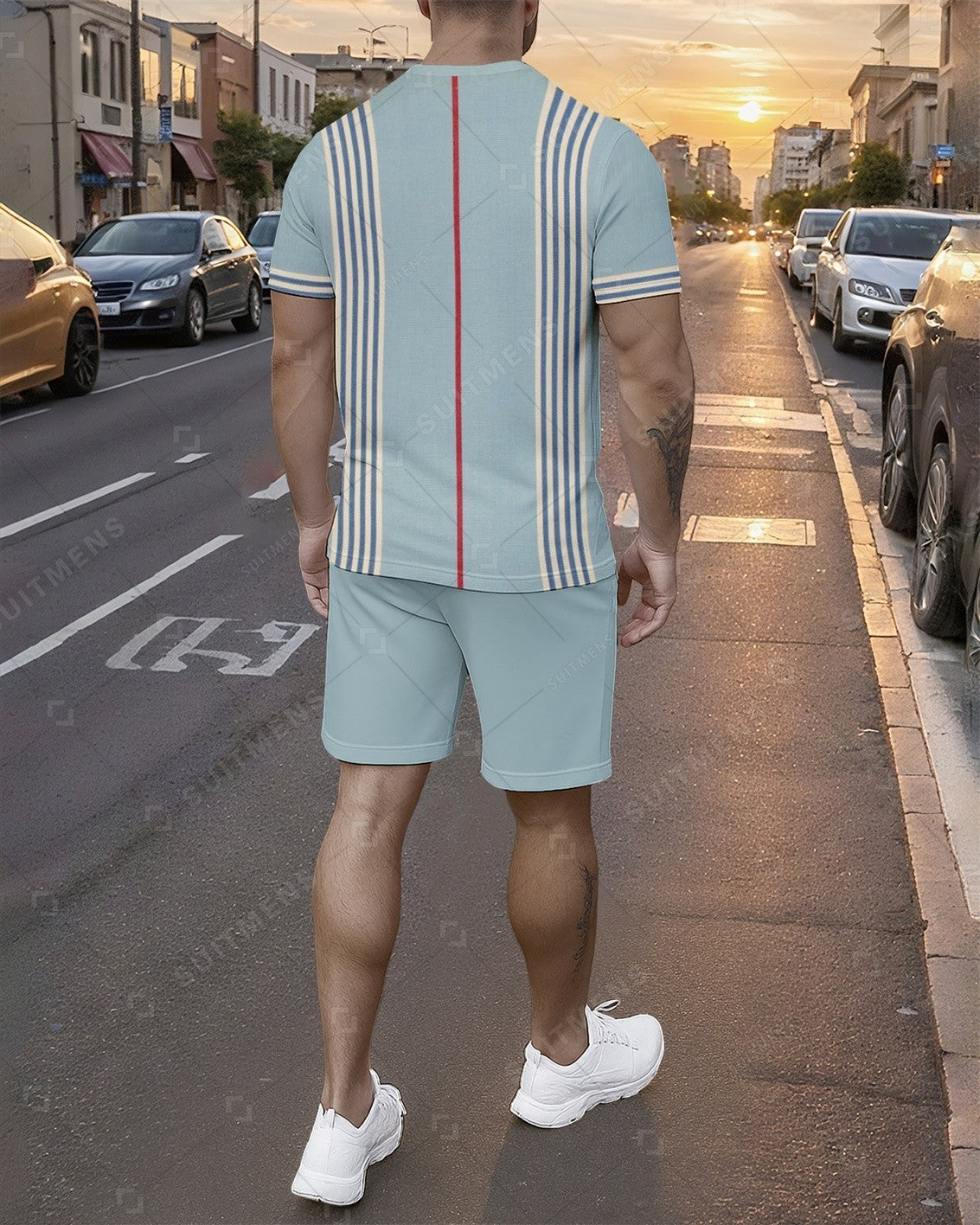 Men's Summer Colorblock Printed Round Neck Set 743