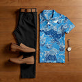 Men's Casual Blue Printed Polo Shirt And Pants Two-Piece Set