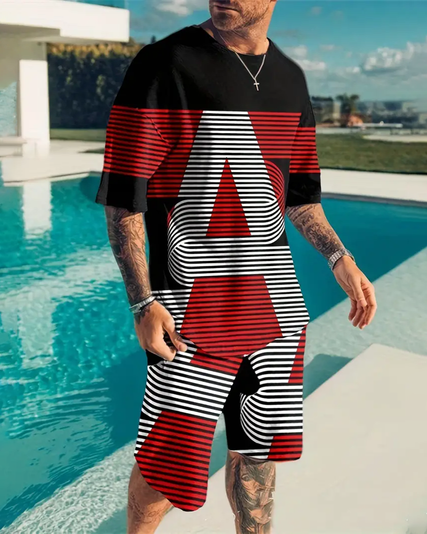 Men's casual vacation color block printed shorts Set 571