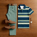 Men's Casual Navy Blue & Green Color Matching Striped Printed Short Sleeved Polo Shirt & Trousers Two-Piece Set
