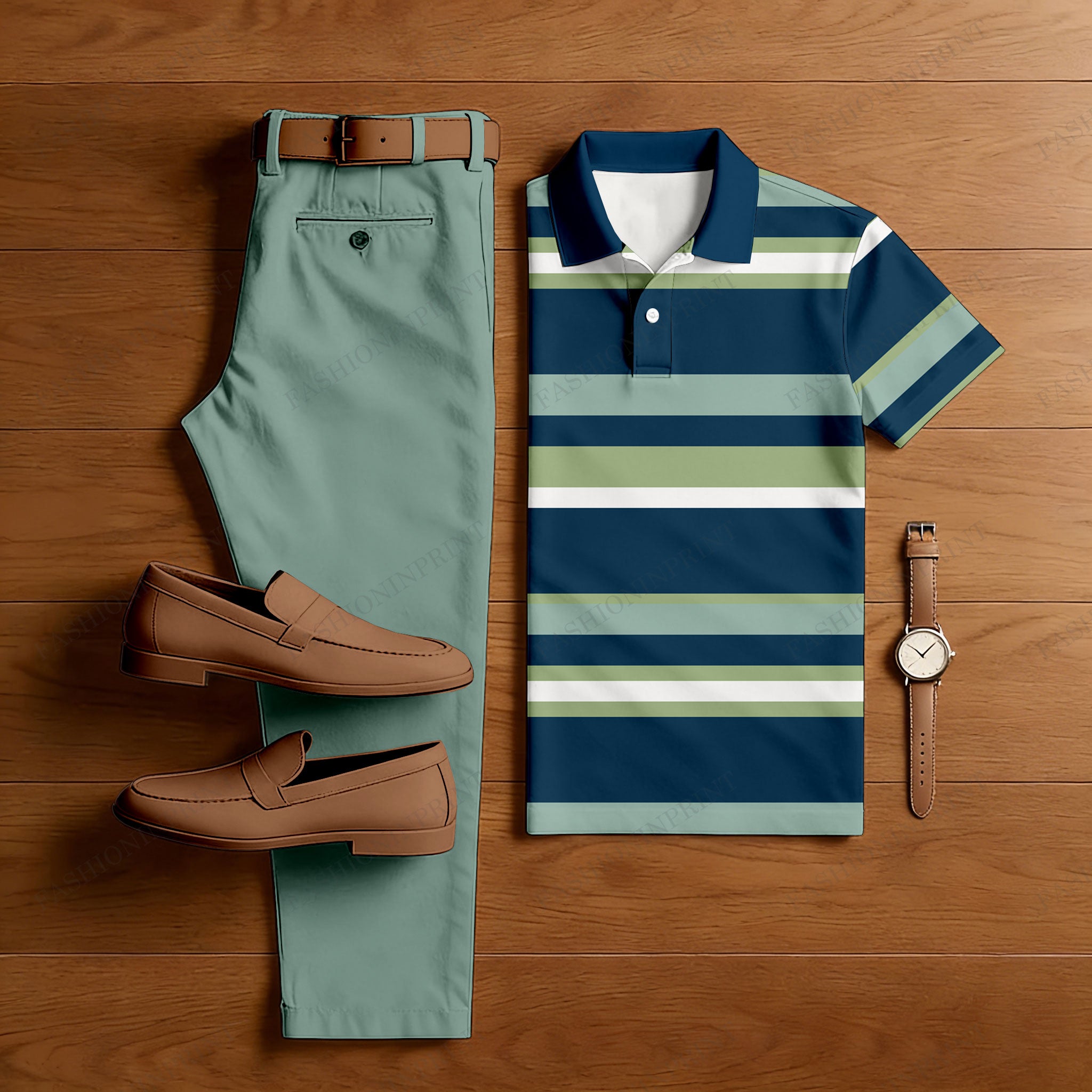 Men's Casual Navy Blue & Green Color Matching Striped Printed Short Sleeved Polo Shirt & Trousers Two-Piece Set