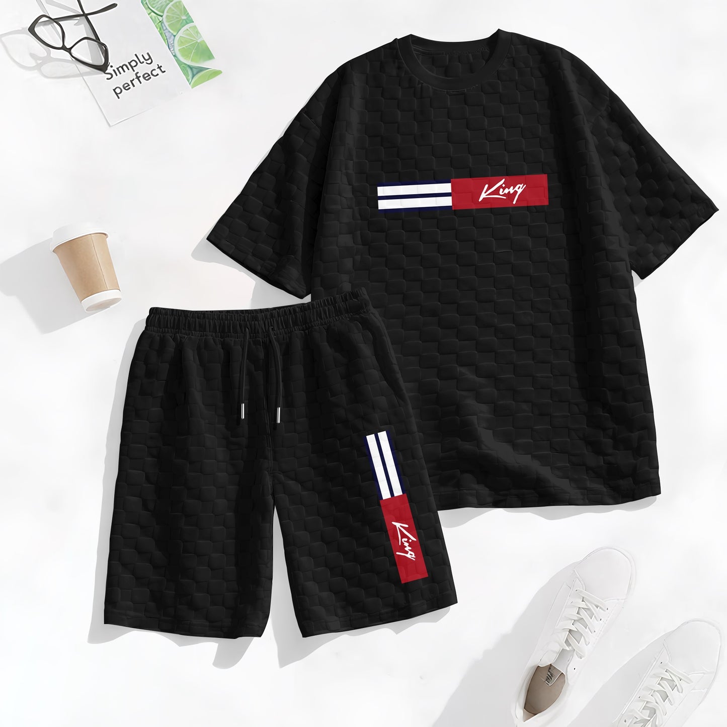 Men's Spring and Summer 'King' Letter Print Checkered Fabric Drawstring Shorts Set, Casual Summer Outfit with Short-Sleeved Shirt and Shorts, Ideal for Everyday Wear and Sports Activities