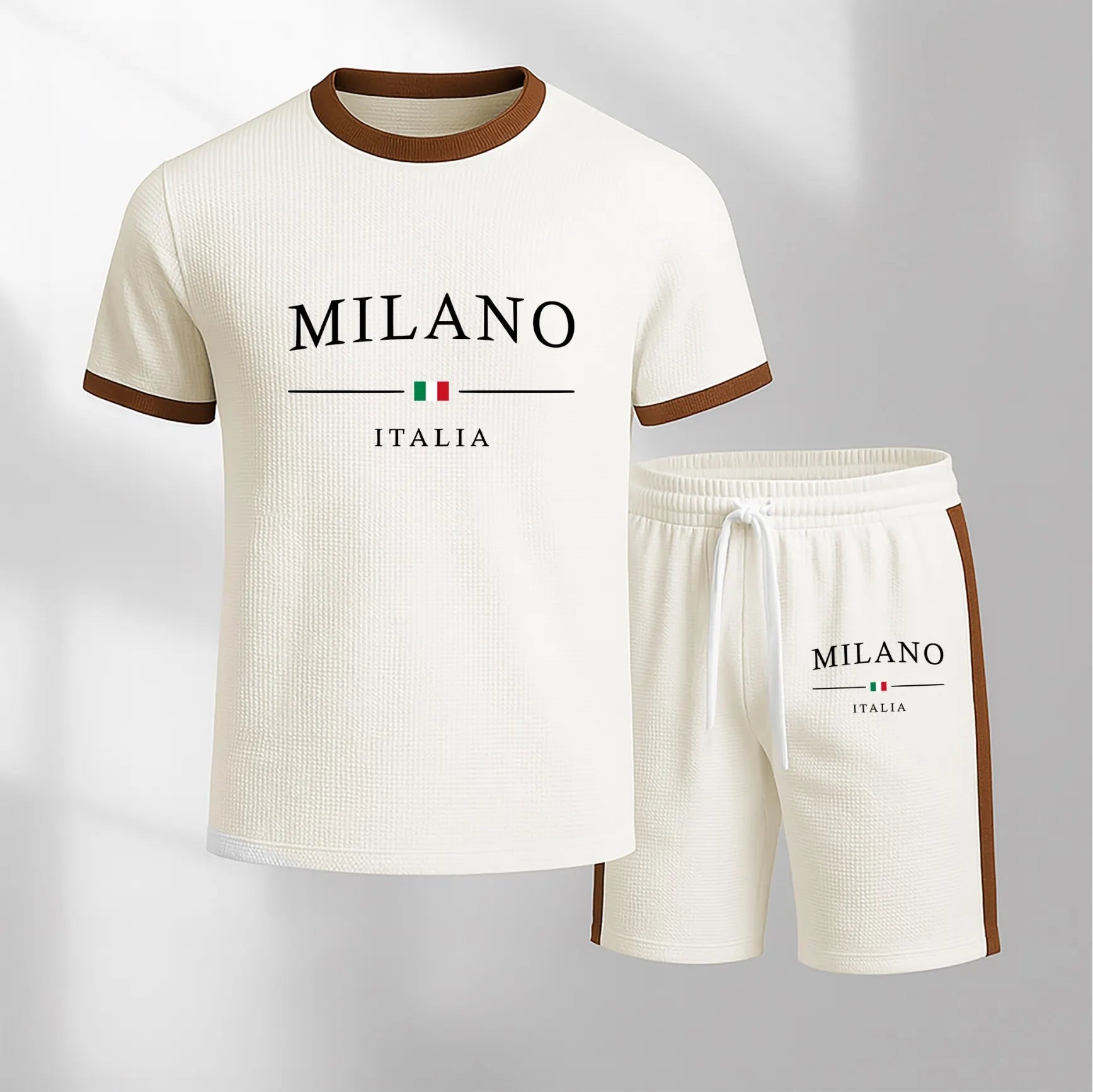 Men's Milan Letter Pattern Short-Sleeve T-Shirt and Drawstring Shorts Set, Men's Clothing, Casual Sportswear Short-Sleeve Top and Shorts, Summer Men's Everyday Wear, Indoor and Outdoor Sportswear, Sports Set
