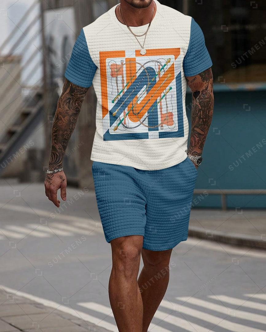 Men's Casual Waffle Textured Summer Round Neck Short Sleeve Shorts Set 0025