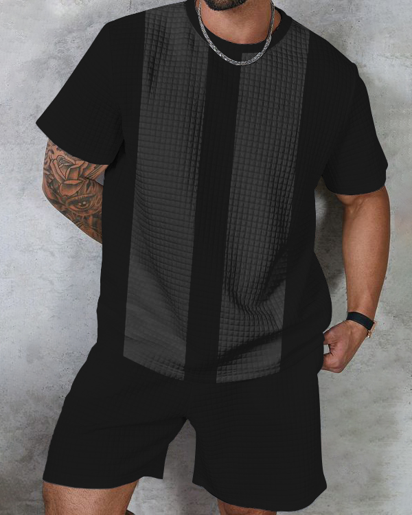 Men's textured waffle texture printed shorts Set 007