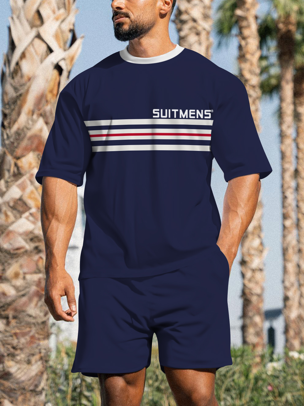 Suitemns Men's Casual Sports Street Simple Color Block Printed Shorts Suit 027