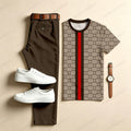 Men's Casual Brown Plaid Two-Piece Set: Printed Crew Neck Short-Sleeve Top & Long Pants