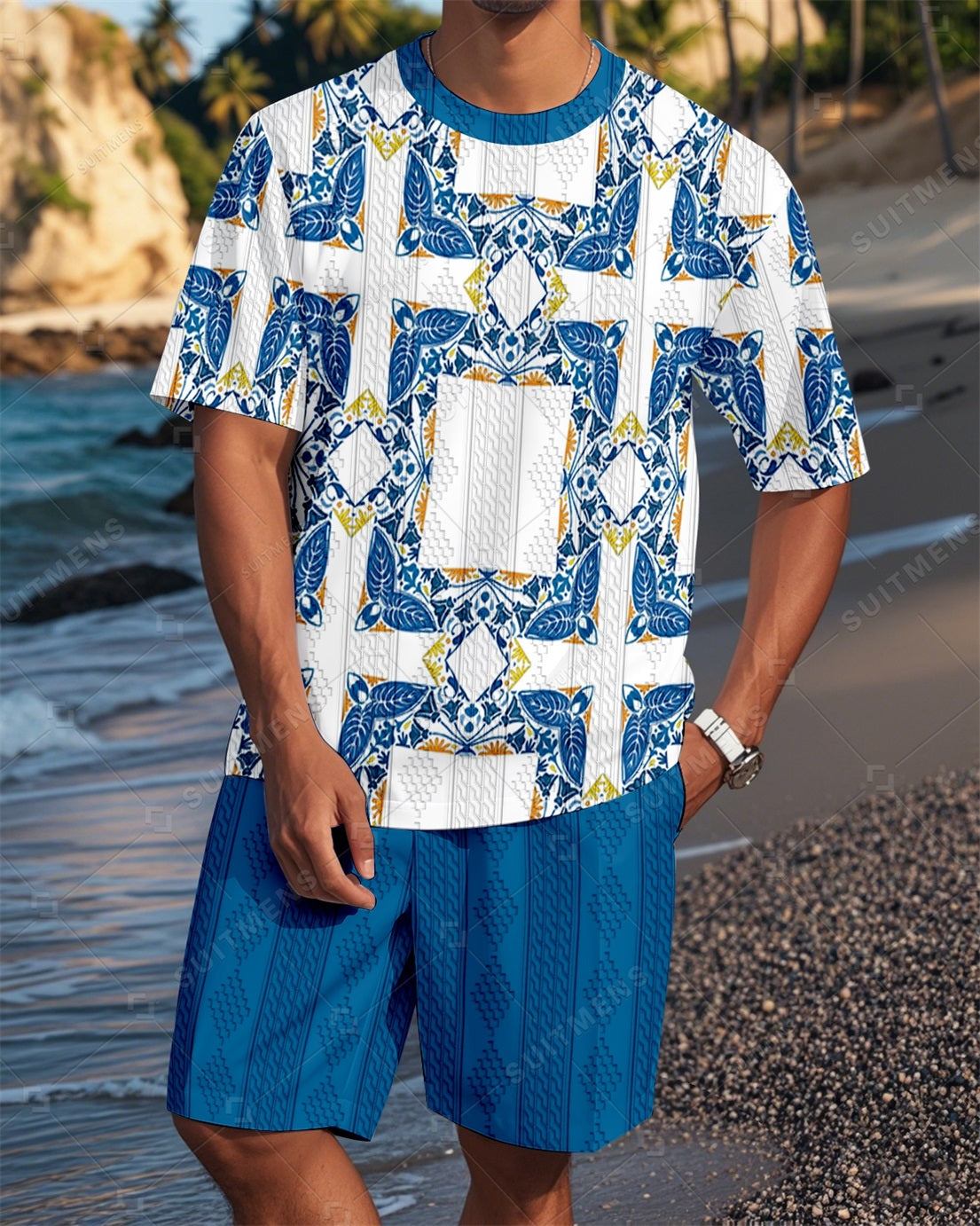 Men's Colorblock Round Neck Jacquard Texture Print Shorts Set  017
