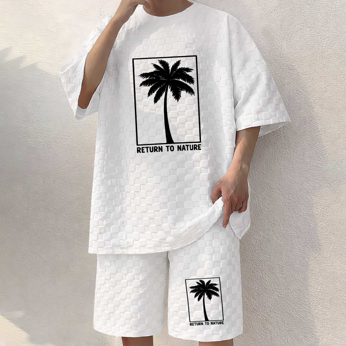 Men's Palm Print Spring And Summer Drawstring Shorts Set, A Casual Summer Outfit, Including A Short-Sleeved Shirt And Shorts, Suitable For Everyday Wear And Sports Activities.
