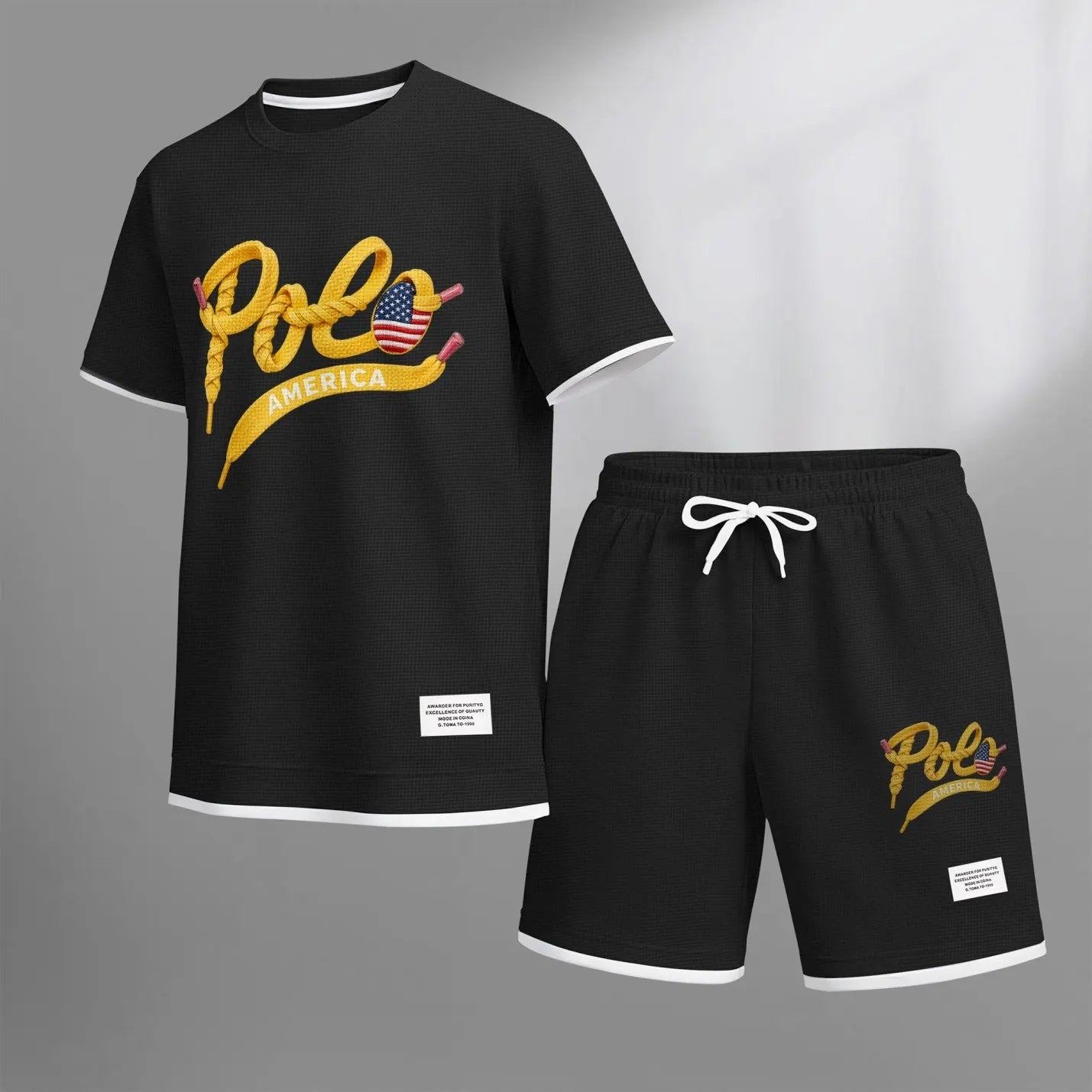 Men's Polo print drawstring shorts set for spring/summer, a casual summer outfit including a short-sleeved shirt and shorts, suitable for everyday wear and sports. A two-piece set for a relaxed and energetic lifestyle.