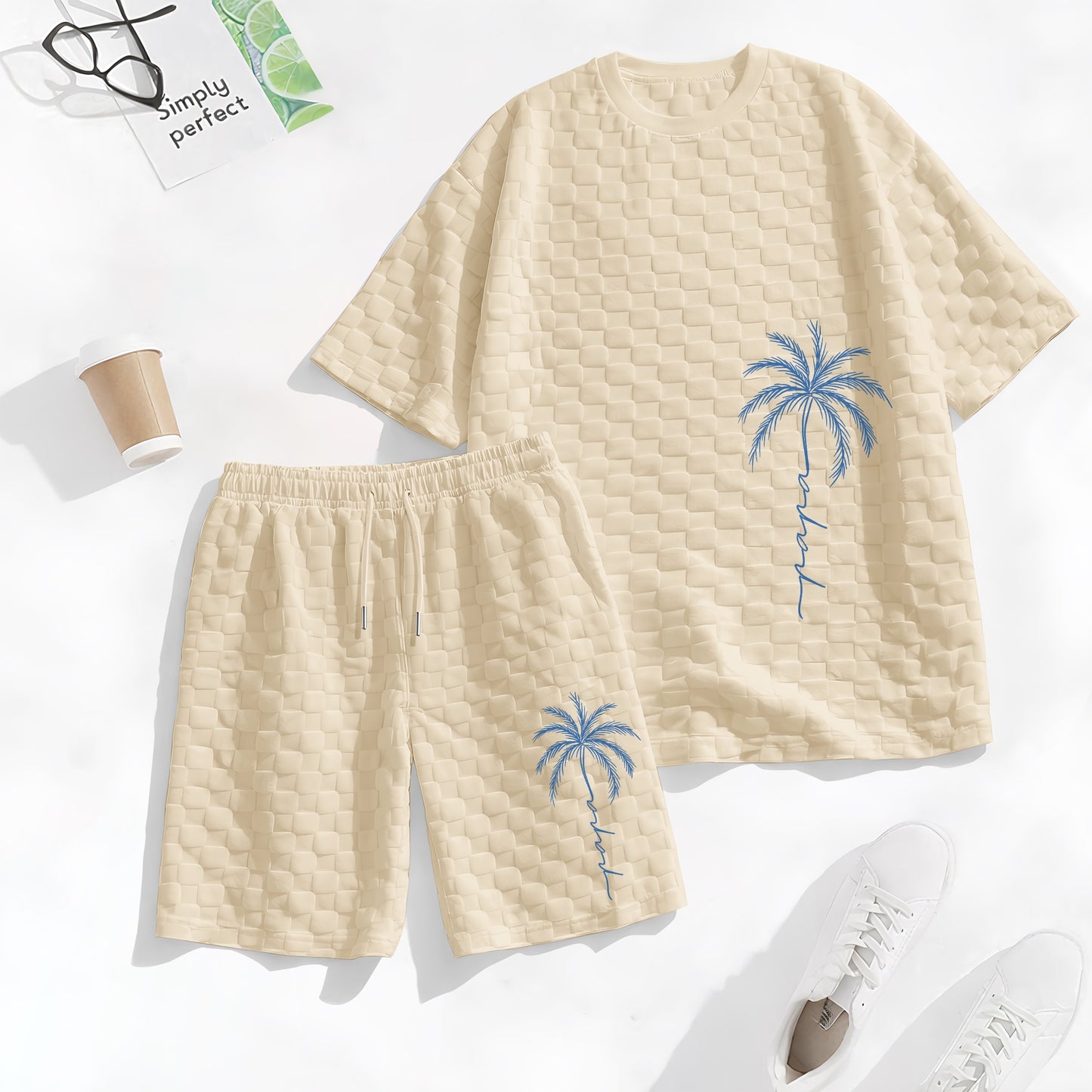 Men's Spring and Summer Palm Tree Print Checkered Fabric Drawstring Shorts Set, Casual Summer Outfit with Short-Sleeved Shirt and Shorts, Ideal for Everyday Wear and Sports Activities.