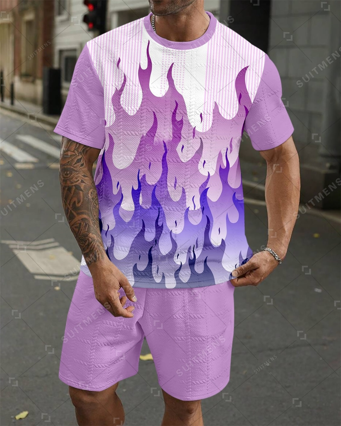Men's Jacquard Textured Color Block Printed Short Sleeve Shorts Set 009