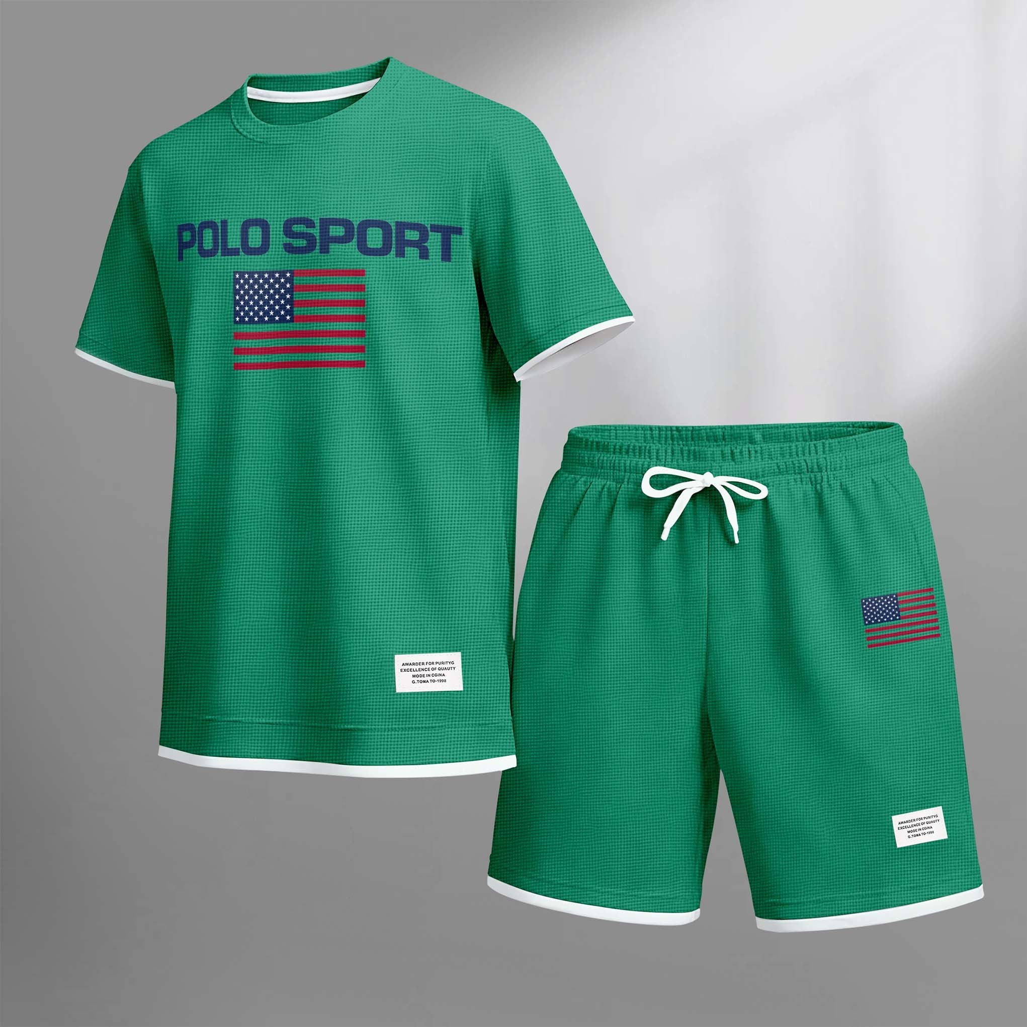 Men's Usa Polo Sport Print Drawstring Shorts Set For Spring/Summer. A Casual Summer Outfit, Including A Short-Sleeved Shirt And Shorts, Suitable For Everyday Wear And Sports. A Two-Piece Set For A Relaxed And Energetic Lifestyle.