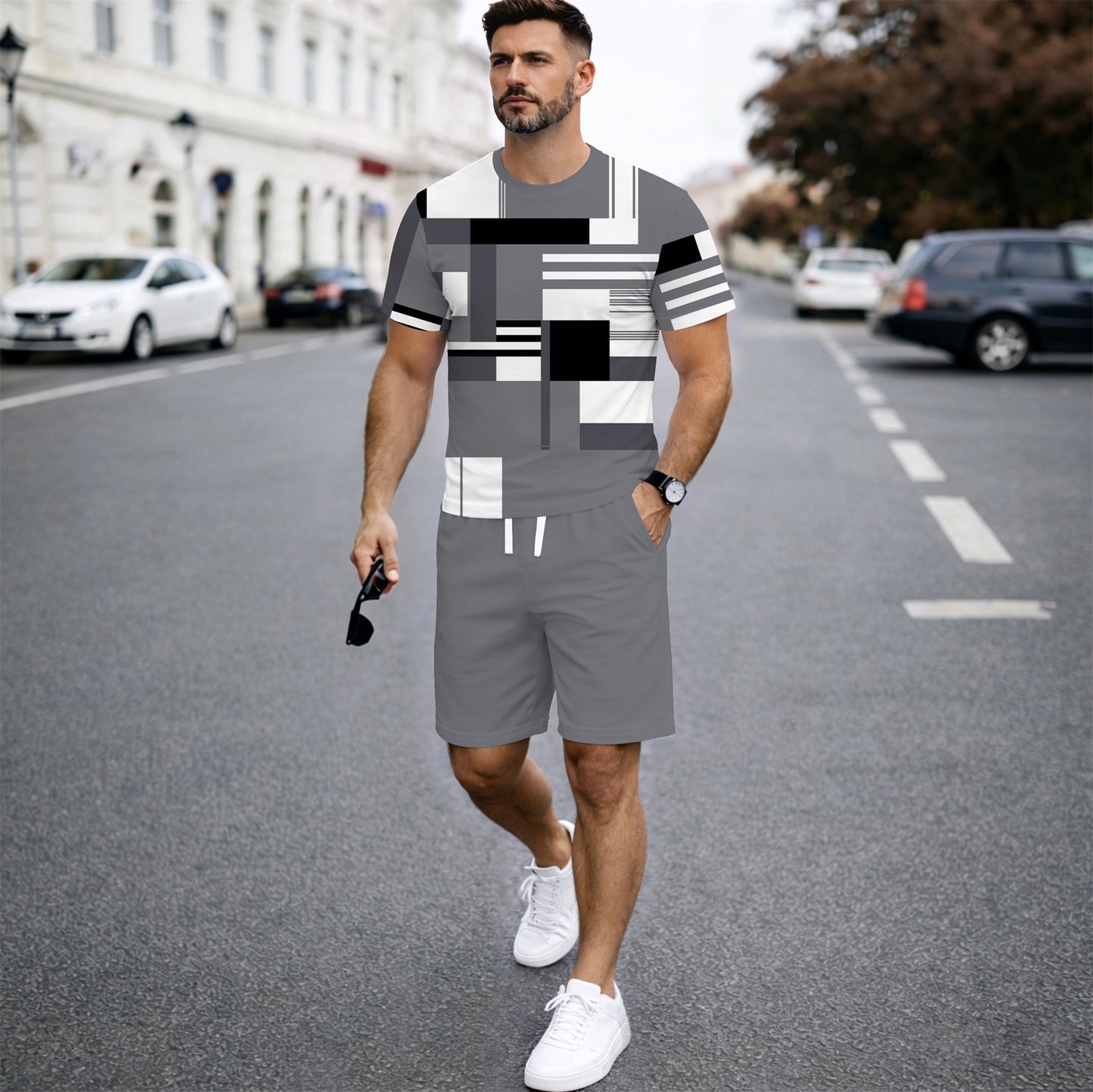 Men’s Casual Graphic T Shirt and Shorts Set, Geometric Pattern Summer 2 Piece Outfit, Soft Breathable Matching Set with Drawstring Shorts for Beach, Outdoor Activities, Travel, Workout, and Everyday Style