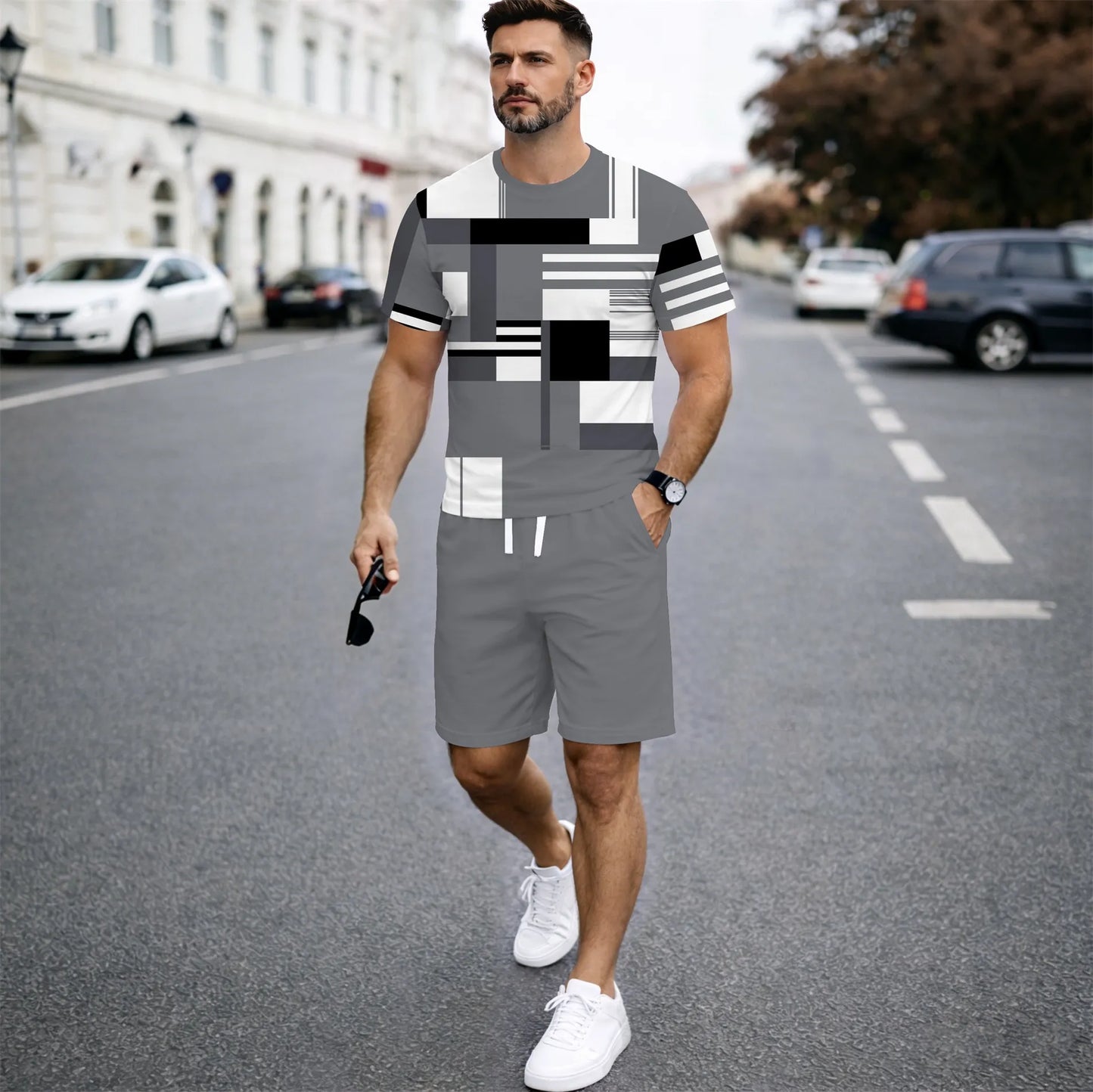 Men’s Casual Graphic T Shirt and Shorts Set, Geometric Pattern Summer 2 Piece Outfit, Soft Breathable Matching Set with Drawstring Shorts for Beach, Outdoor Activities, Travel, Workout, and Everyday Style