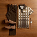 Men's Casual Brown Geometry Printed Polo Shirt And Pants Two-Piece Set