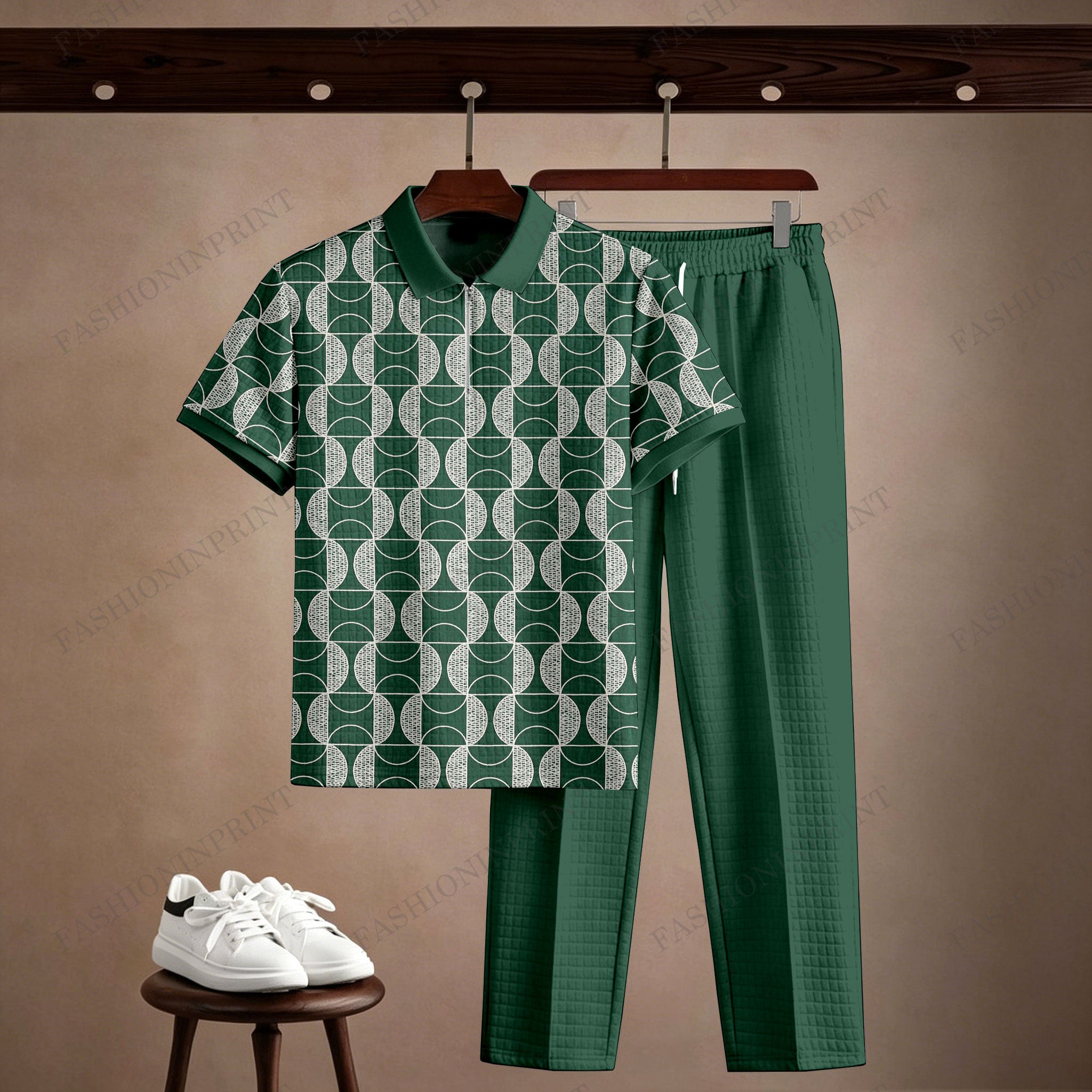 Men's Casual Dark Green Plaid Printed Polo Short-Sleeve T-Shirt And Pants Two-Piece Set