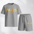 Men's Spring/Summer Drawstring Shorts Set featuring Paris Letter Print and Plaid Fabric—a casual summer ensemble comprising a short-sleeve shirt and shorts, ideal for both everyday wear and athletic activities.