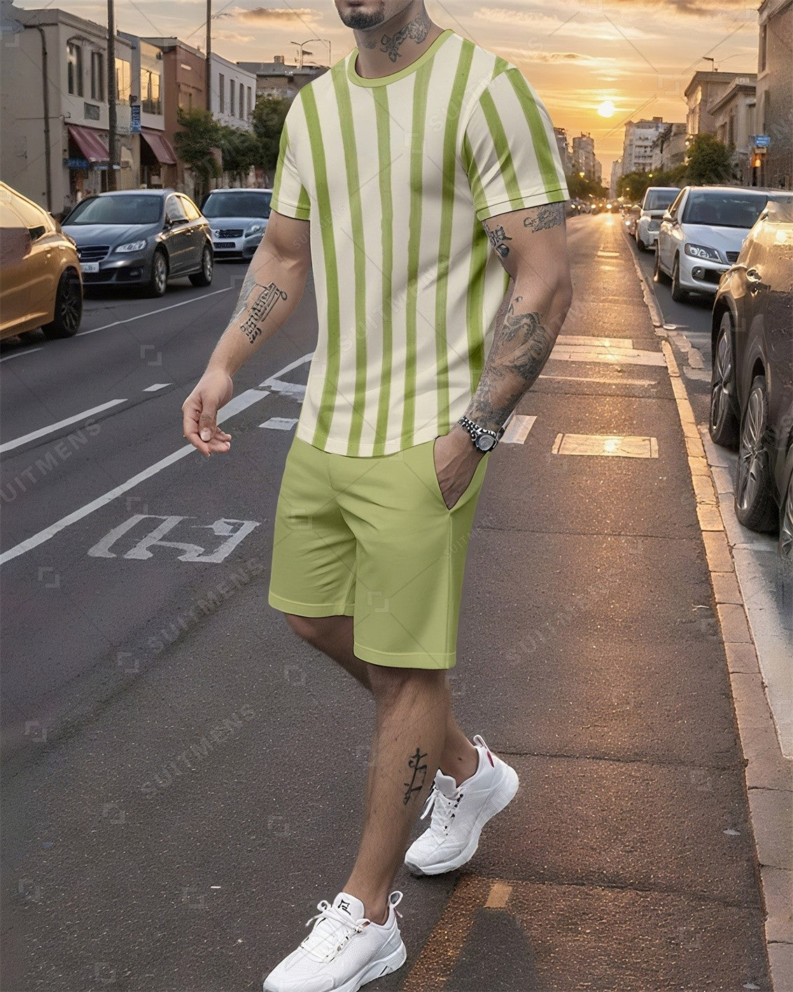 Men's Summer Colorblock Printed Round Neck Set 753