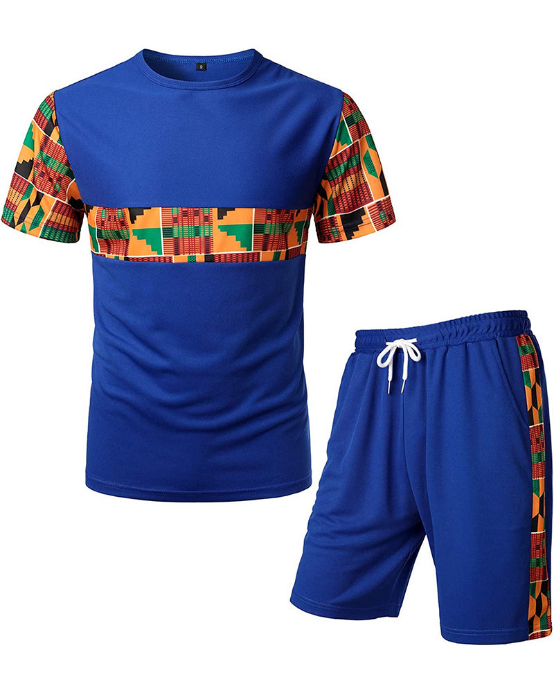 Men's Printed Colorblock T-Shirt and Shorts Set 027