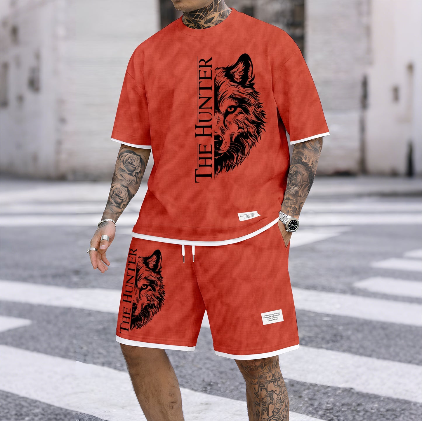 Men's "The Hunter" Wolf Head Graphic Print Waffle Short Sleeve T-Shirt & Shorts Set, Summer Lightweight Casual Sporty Two-Piece Outfit, Streetwear for Gym & Daily Wear