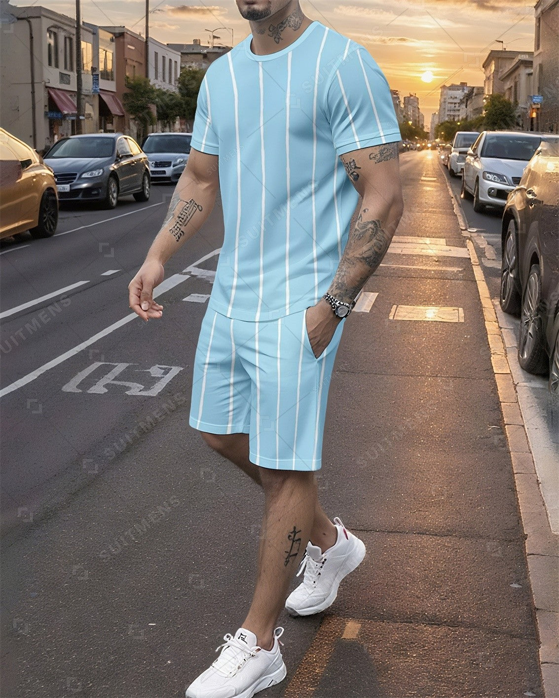 Men's Summer Colorblock Printed Round Neck Set 749
