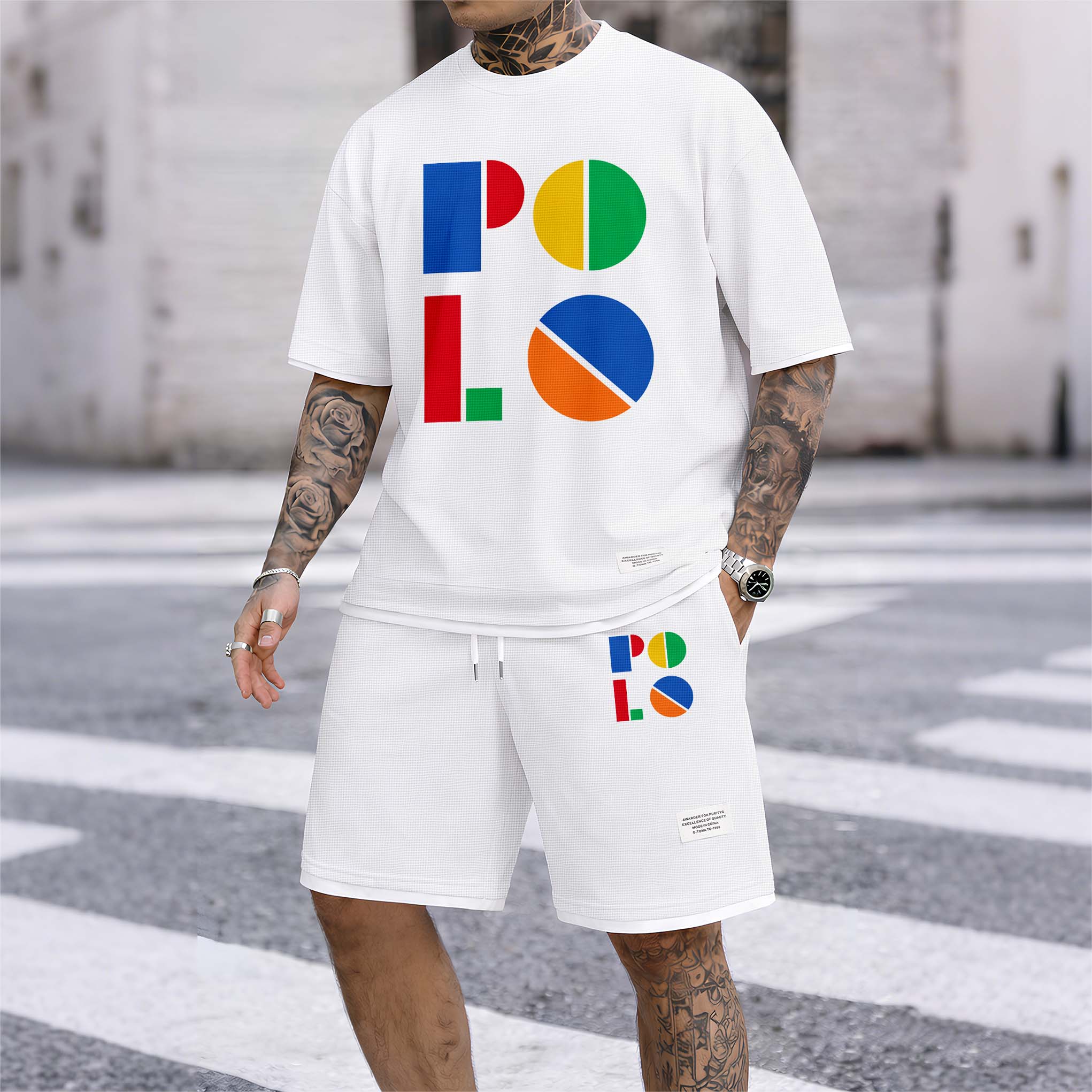 Men's Color Polo Print Drawstring Shorts Set For Spring/Summer. A Casual Summer Outfit, Including A Short-Sleeved Shirt And Shorts, Suitable For Everyday Wear And Sports. A Two-Piece Set For A Relaxed And Energetic Lifestyle.
