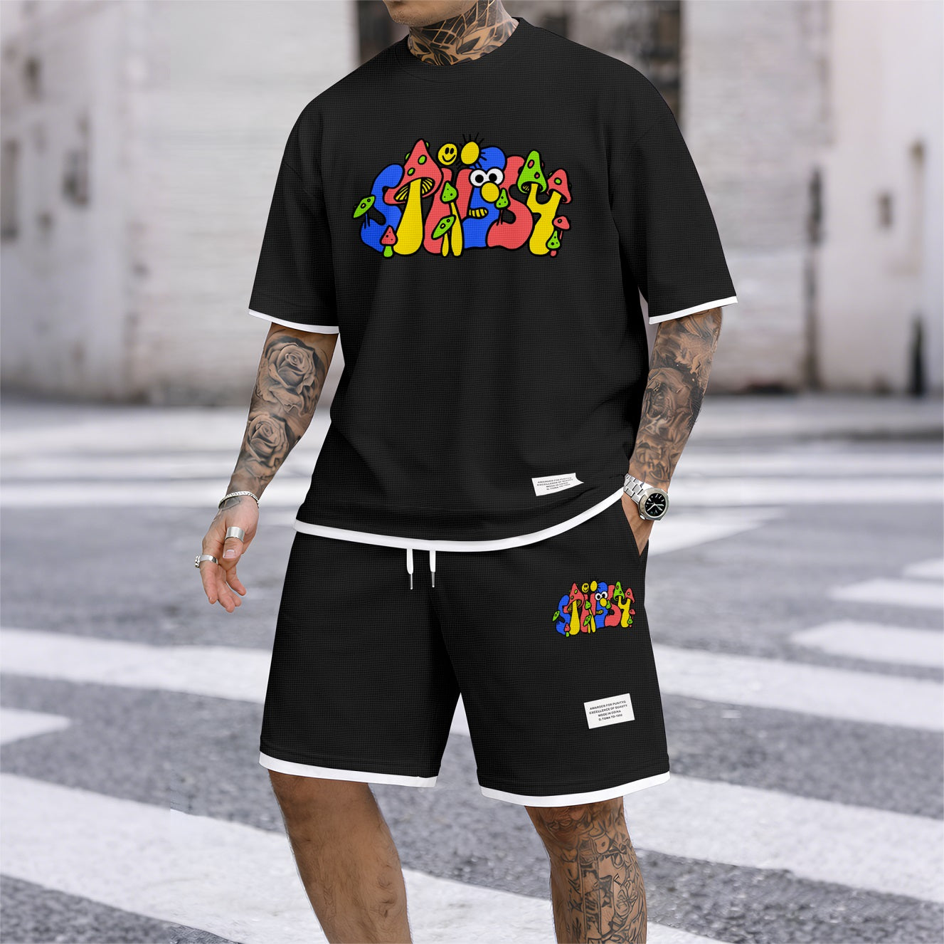 Men's Cartoon Mushroom Doodle Print Waffle Fabric Short-Sleeved Shirt And Shorts Set