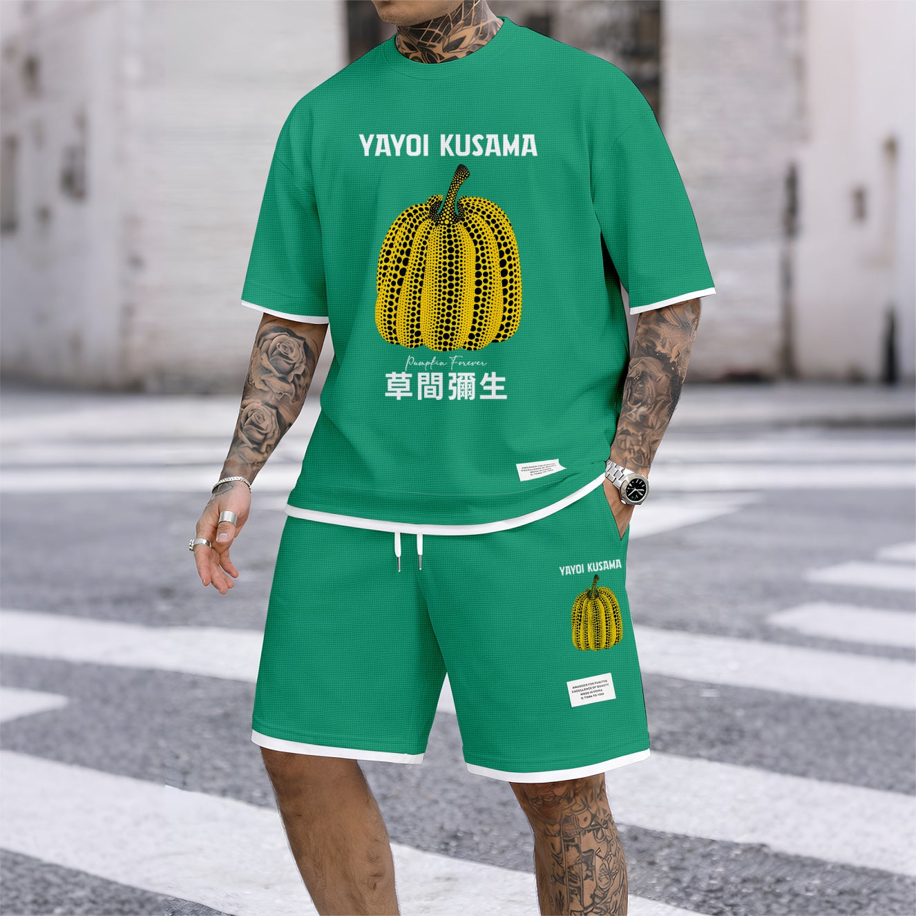 Men's Polka-Dot Pumpkin Print Waffle Fabric Short-Sleeved Shirt And Shorts Set 02