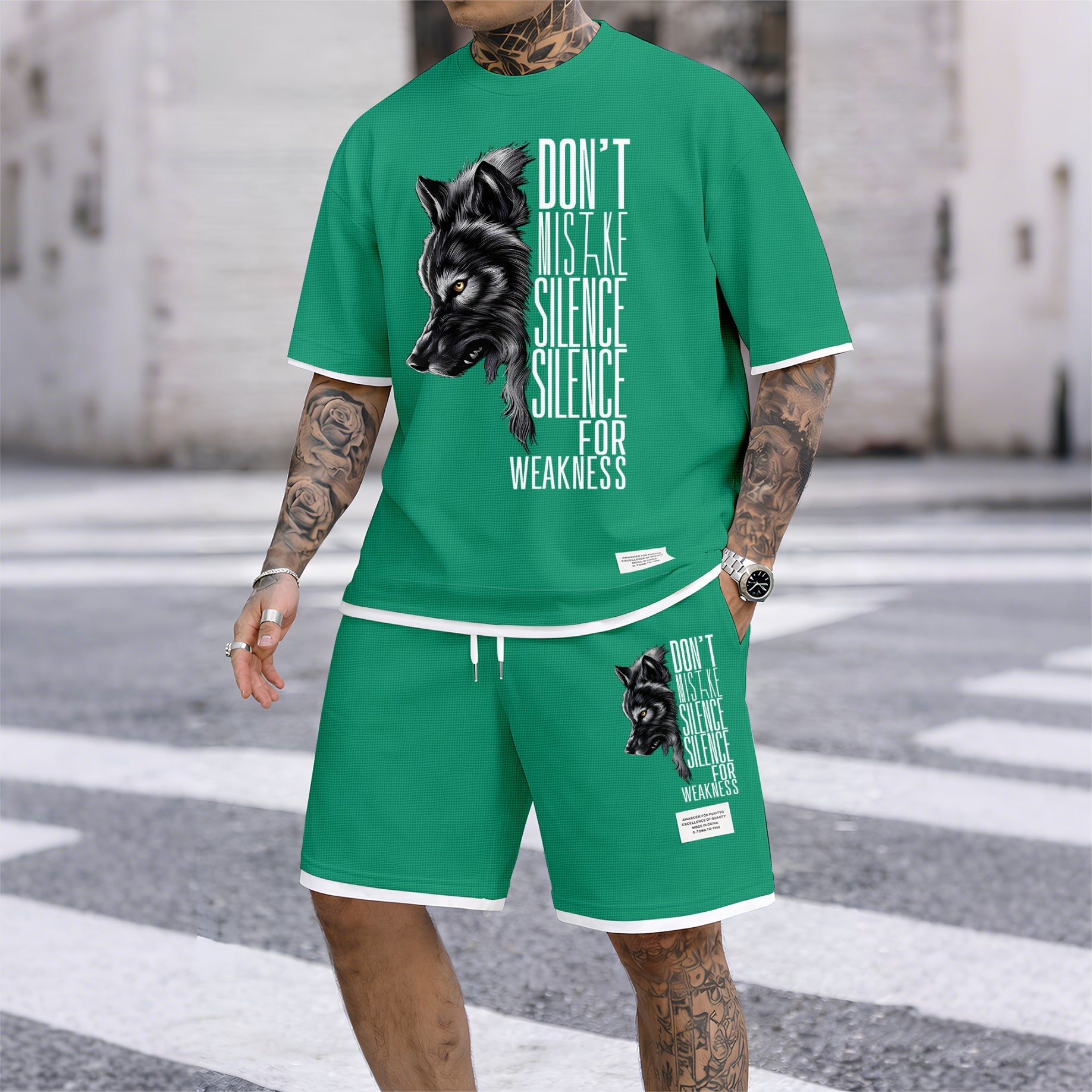 Men's Howling Wolf & "Don't Mistake Silence For Weakness" Quote Graphic Print Waffle Short Sleeve T-Shirt & Shorts Set, Summer Lightweight Casual Sporty Two-Piece Outfit