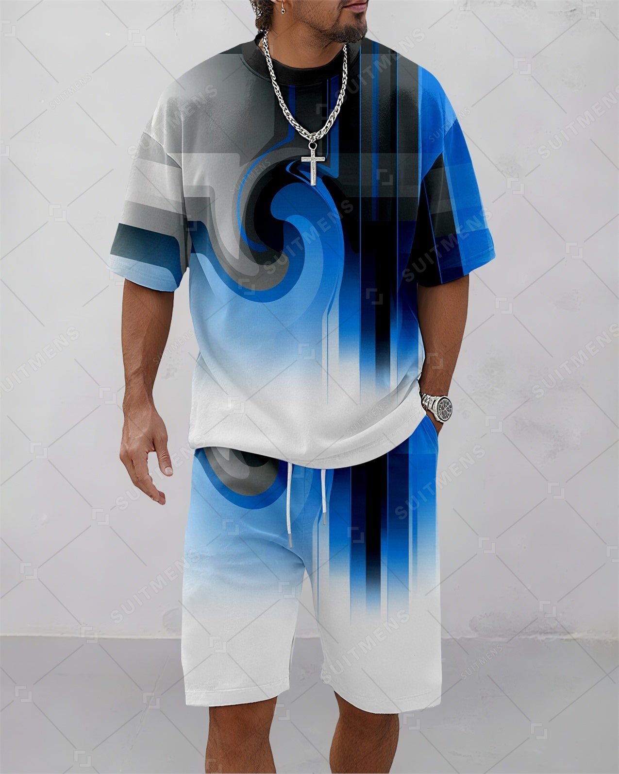 Men's Summer Colorblock Printed Round Neck Suit 080