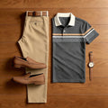 Men's Casual Gray Plaid Printed Polo Shirt And Pants Two-Piece Set
