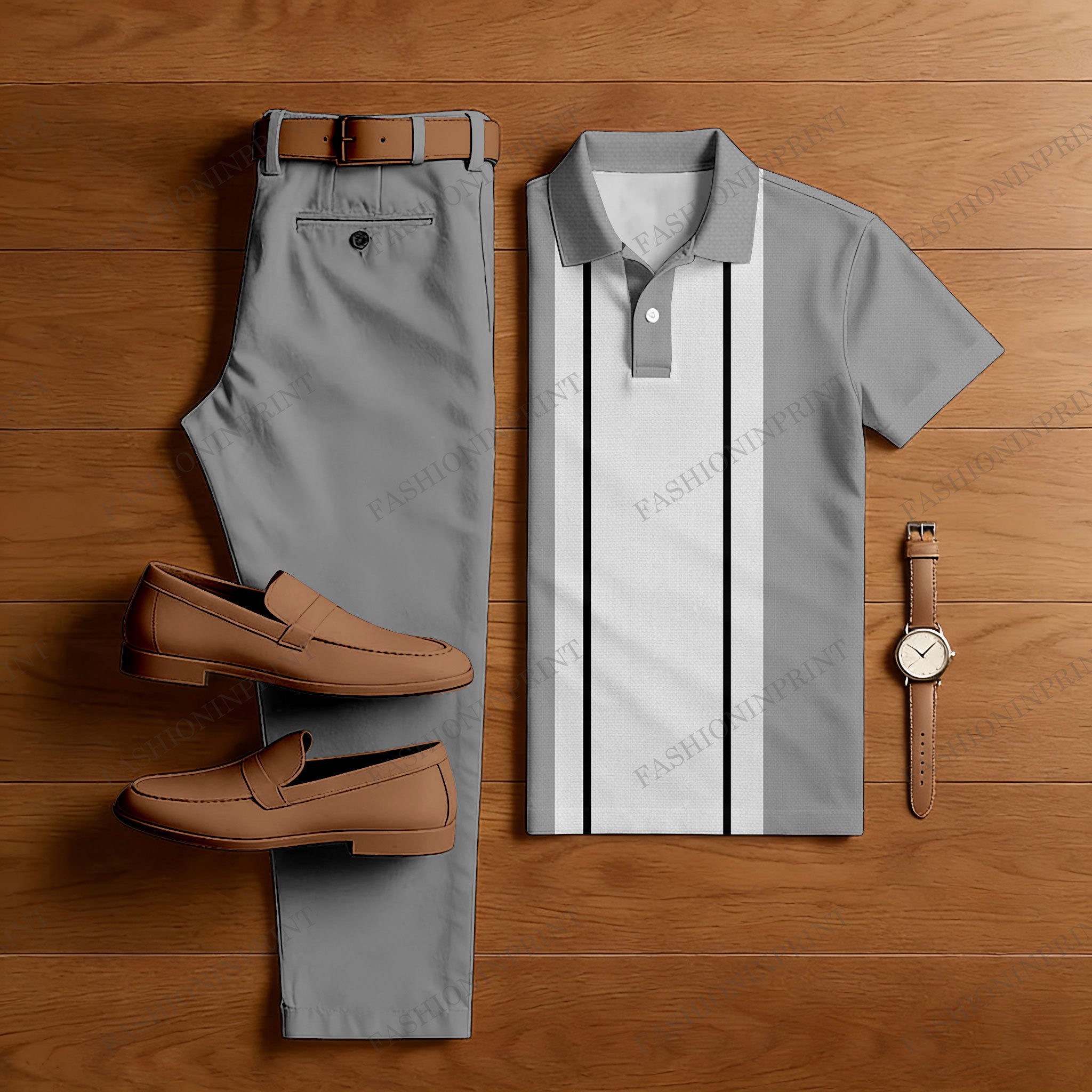 Men's Casual Gray Geometry Printed Polo Shirt And Pants Two-Piece Set