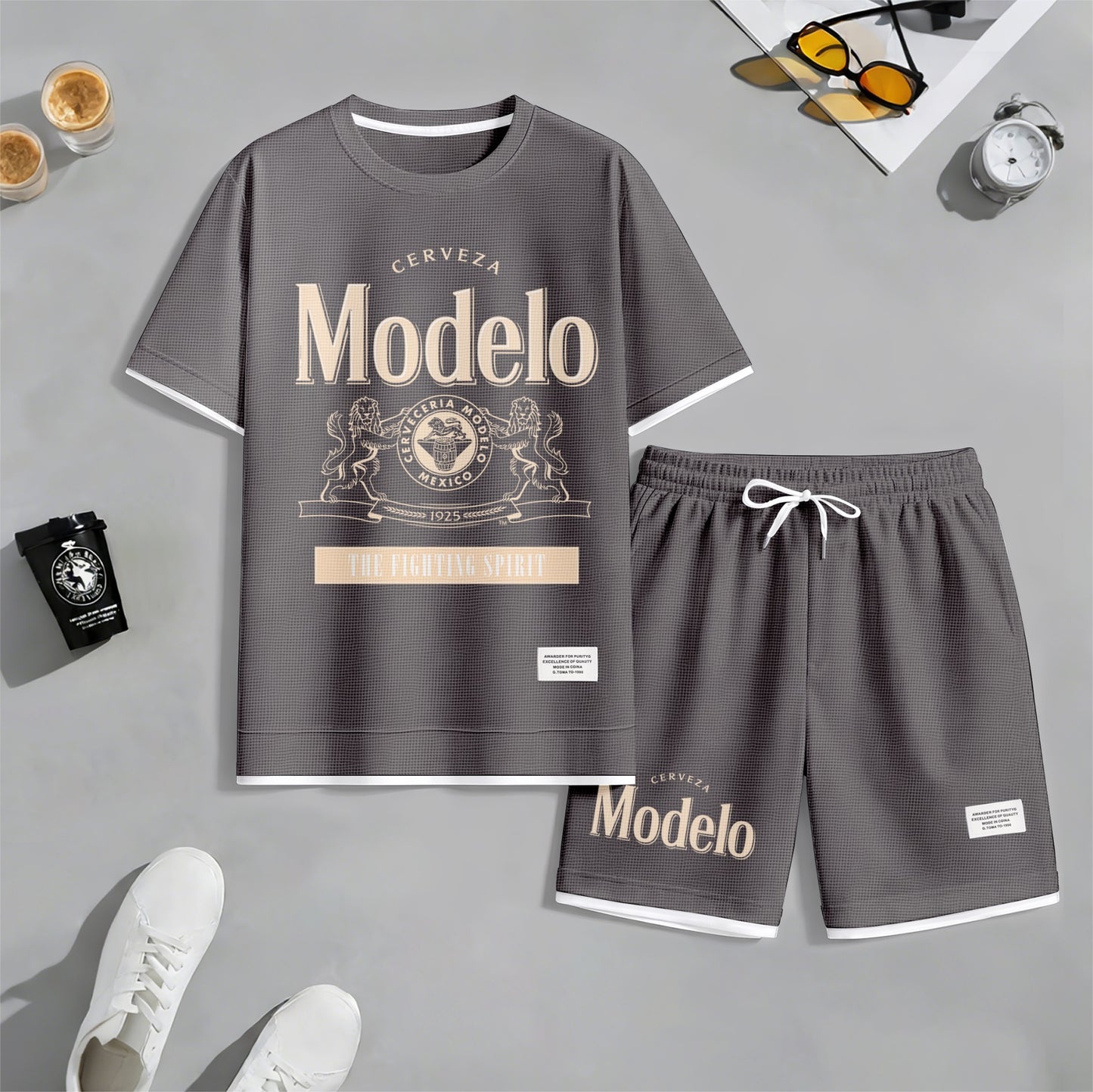 Men's Beer Print Drawstring Shorts Set, Suitable For Spring And Summer Wear, Casual Summer Set, Including Short-Sleeved Shirt And Shorts, Suitable For Everyday Wear And Sports 02