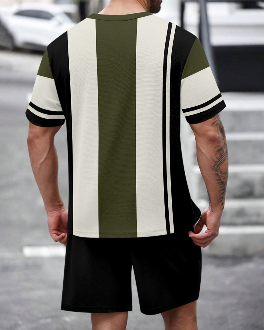 Men's Summer Colorblock Printed Round Neck Set 475