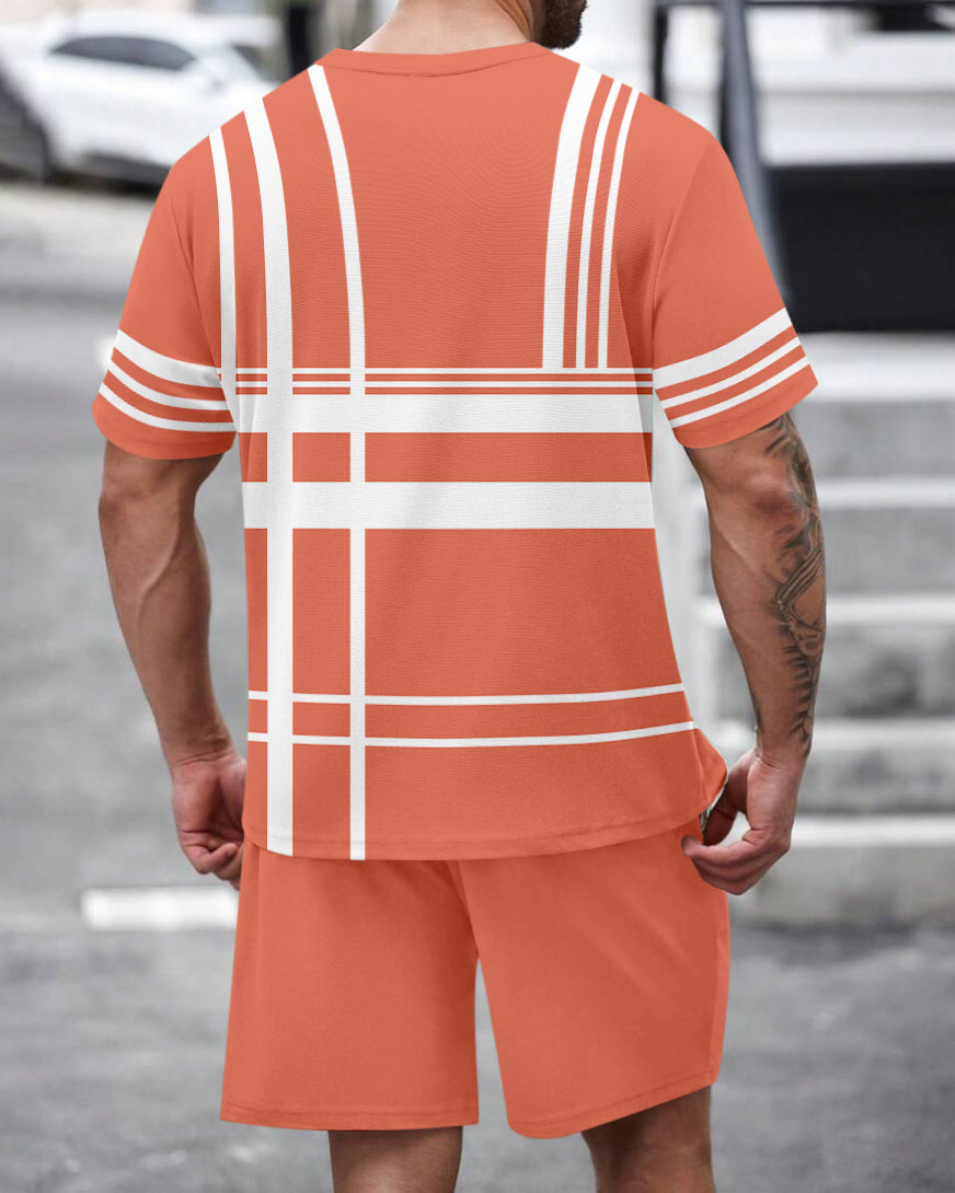 Men's Summer Colorblock Printed Round Neck Set 466