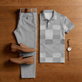 Men's Casual Gray Color Matching Checkered Printed Short Sleeved Polo Shirt & Trousers Two-Piece Set