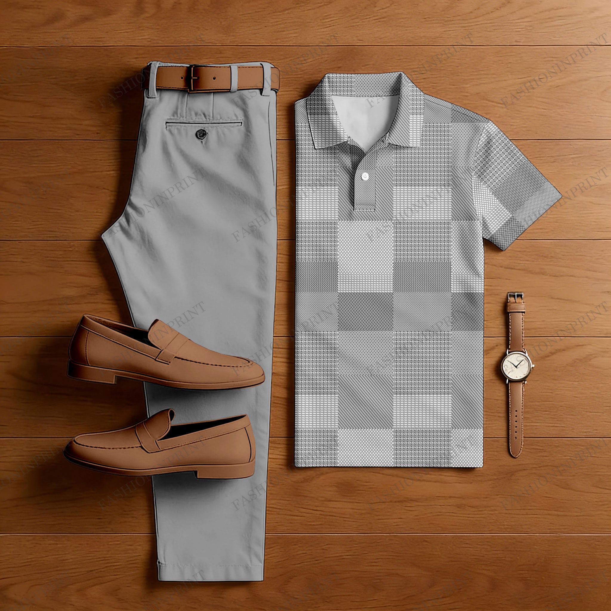 Men's Casual Gray Color Matching Checkered Printed Short Sleeved Polo Shirt & Trousers Two-Piece Set