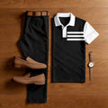 Men's Casual Black & White Color Matching Striped Printed Short Sleeved Polo Shirt & Trousers Two-Piece Set