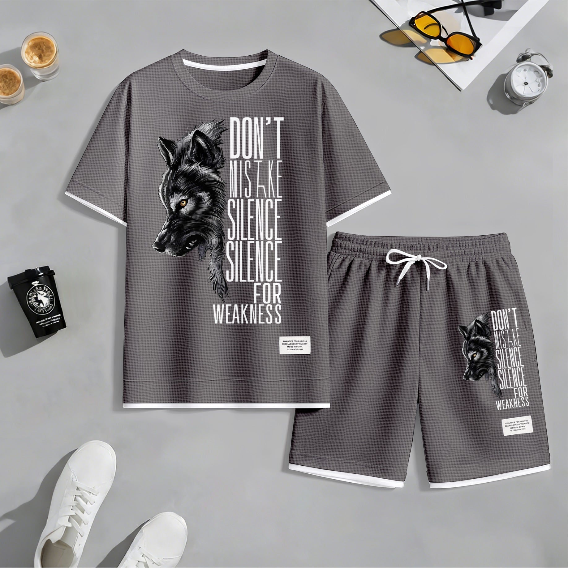 Men's Howling Wolf & "Don't Mistake Silence For Weakness" Quote Graphic Print Waffle Short Sleeve T-Shirt & Shorts Set, Summer Lightweight Casual Sporty Two-Piece Outfit