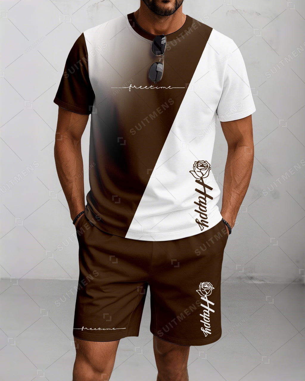 Men's Summer Colorblock Printed Round Neck Suit 073