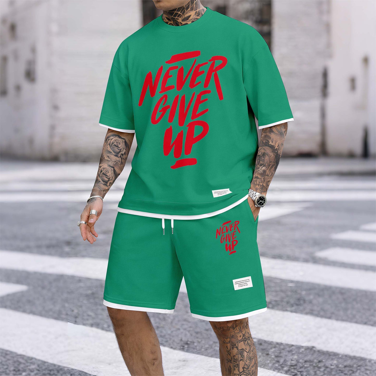 Men's Never Give Up Print Drawstring Shorts Set For Spring/Summer. A Casual Summer Outfit, Including A Short-Sleeved Shirt And Shorts, Suitable For Everyday Wear And Sports. A Two-Piece Set For A Relaxed And Energetic Lifestyle.