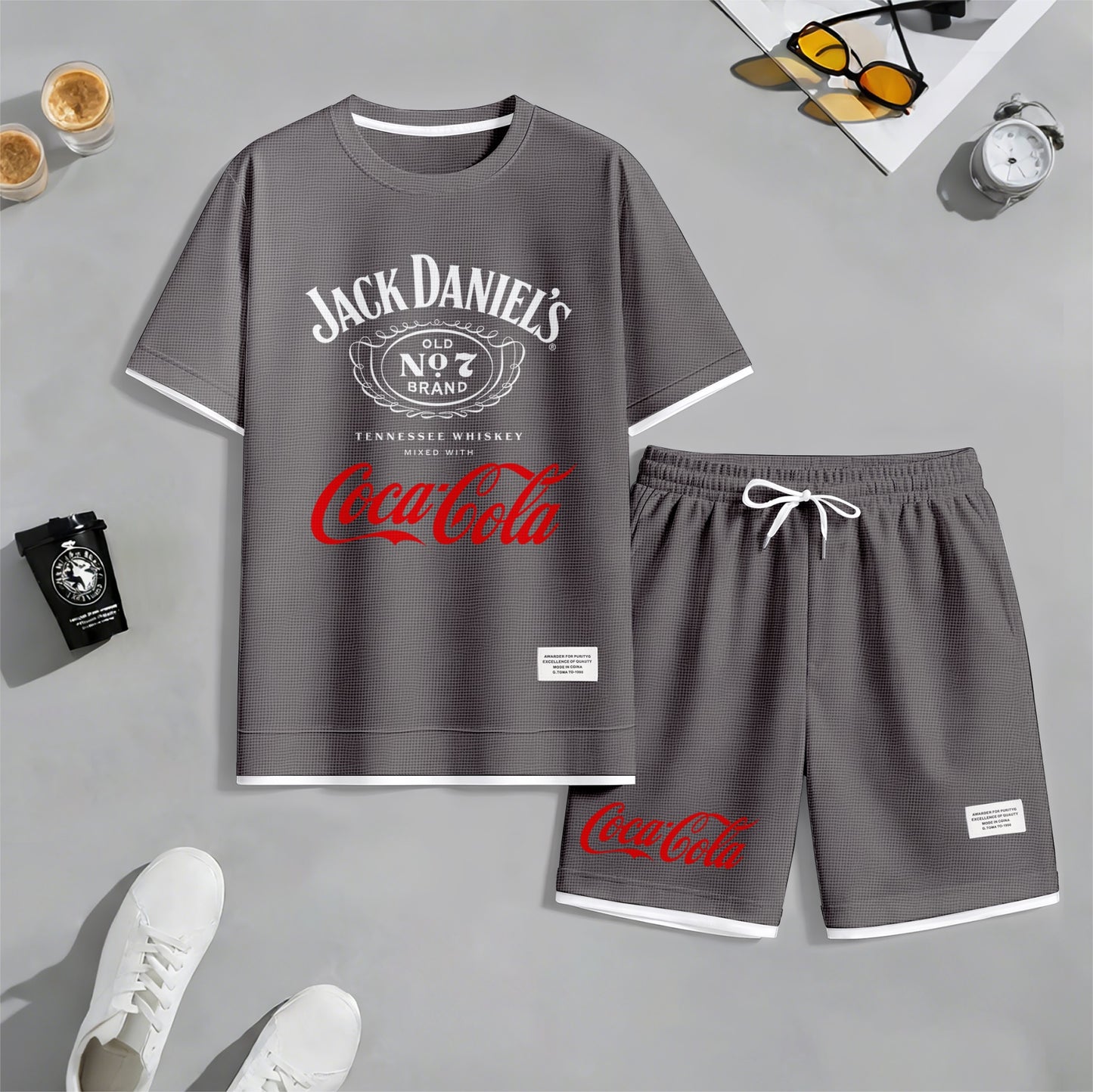 Men's Beer Print Drawstring Shorts Set, Suitable For Spring And Summer Wear, Casual Summer Set, Including Short-Sleeved Shirt And Shorts, Suitable For Everyday Wear And Sports 06