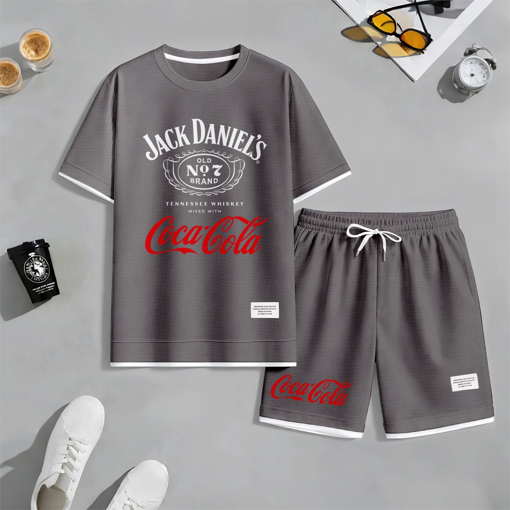 Men's Beer Print Drawstring Shorts Set, Suitable For Spring And Summer Wear, Casual Summer Set, Including Short-Sleeved Shirt And Shorts, Suitable For Everyday Wear And Sports 06