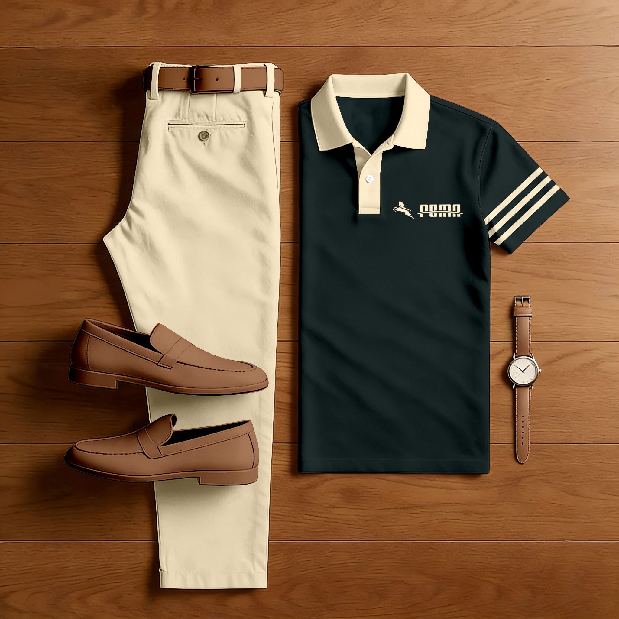 Men's Casual Black Stripes Printed Polo Shirt And Pants Two-Piece Set