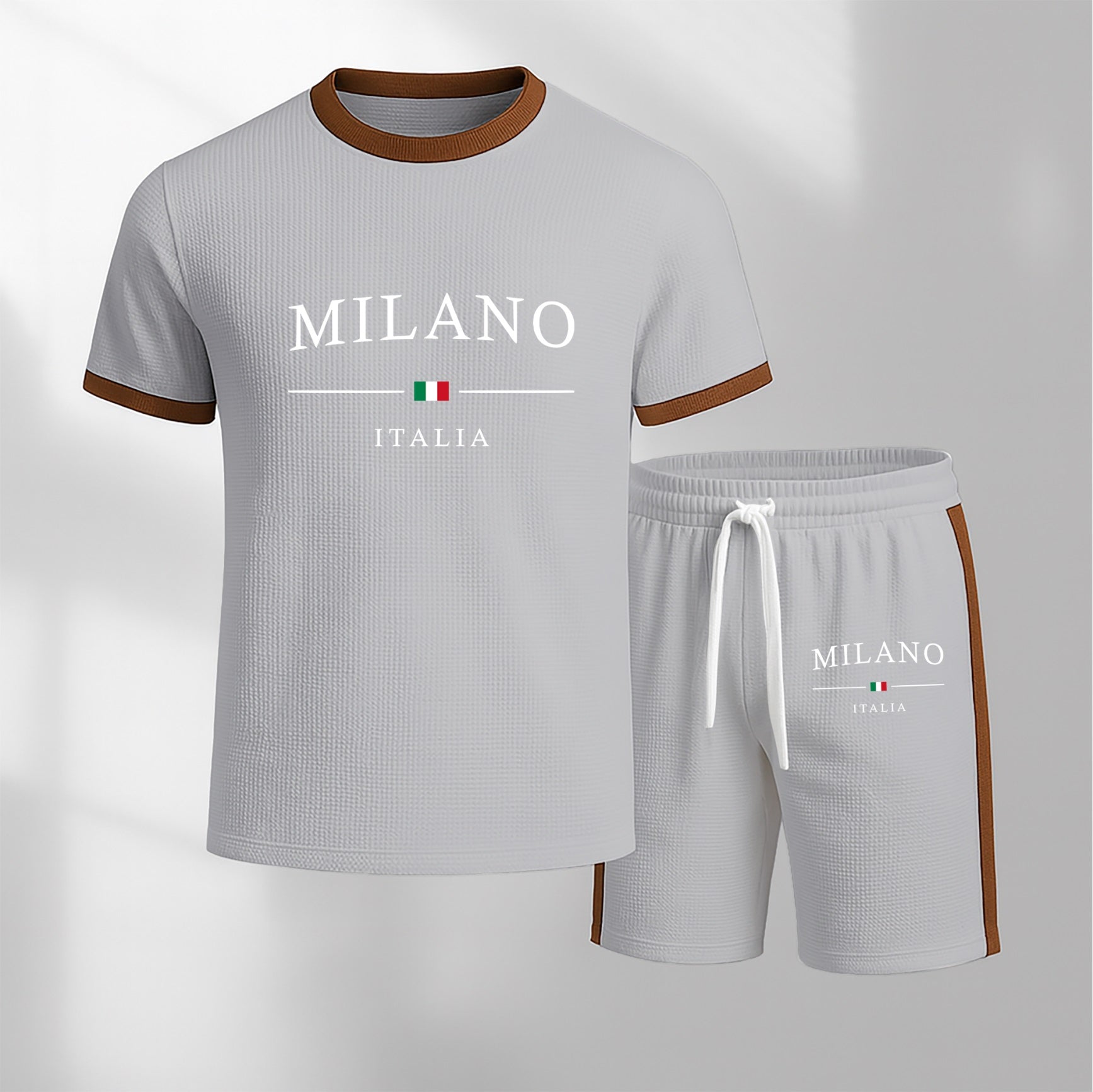 Men's Milan Letter Pattern Short-Sleeve T-Shirt and Drawstring Shorts Set, Men's Clothing, Casual Sportswear Short-Sleeve Top and Shorts, Summer Men's Everyday Wear, Indoor and Outdoor Sportswear, Sports Set