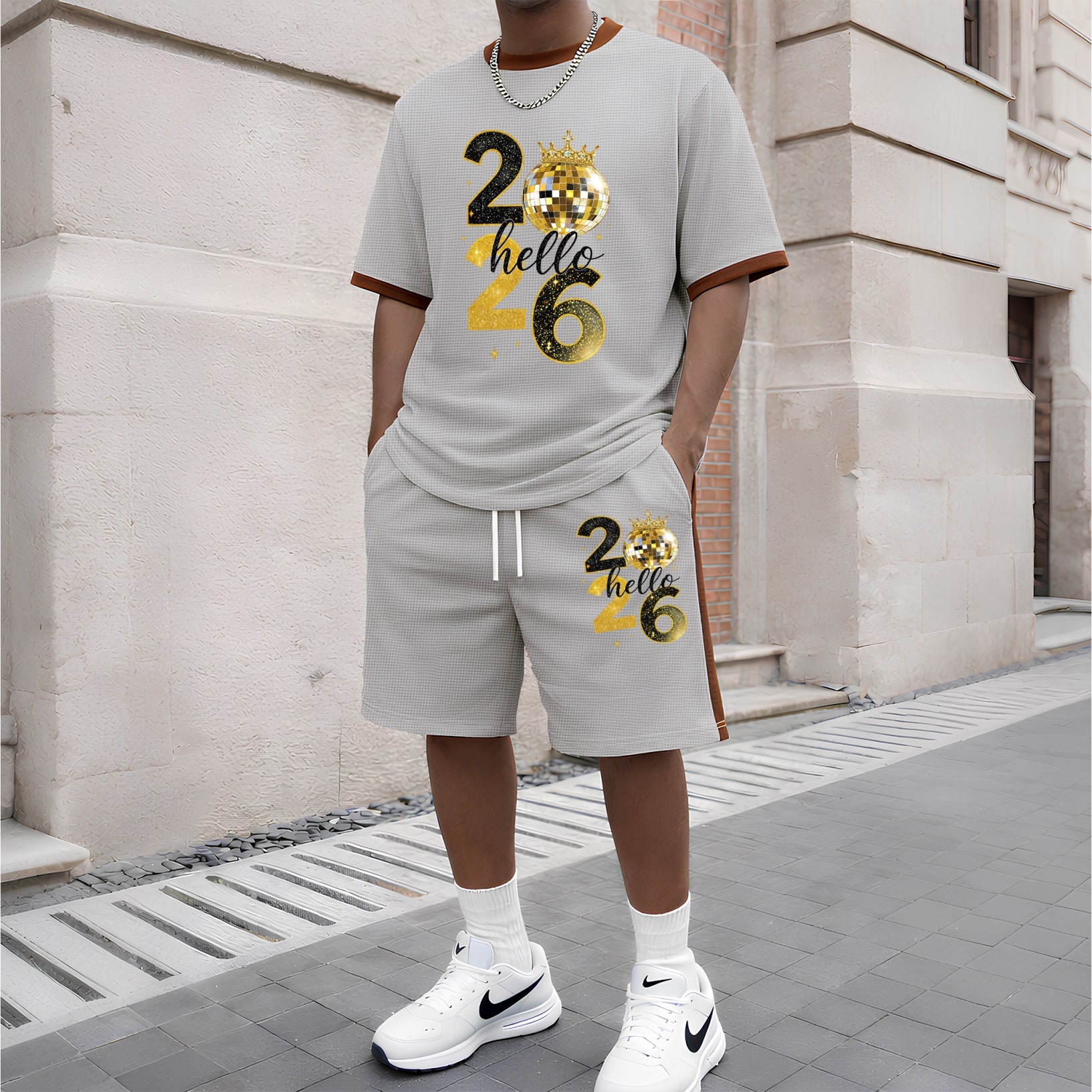 Men's 2026 Pattern Short-Sleeve T-Shirt and Drawstring Shorts Set, Men's Clothing, Casual Sporty Short-Sleeve Top and Shorts, Summer Men's Everyday Wear, Indoor and Outdoor Sportswear, Athletic Set