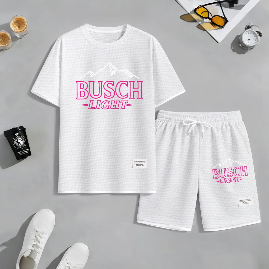 Men's Light-Flavored Beer Print Waffle Fabric Short-Sleeved Shirt And Shorts Set