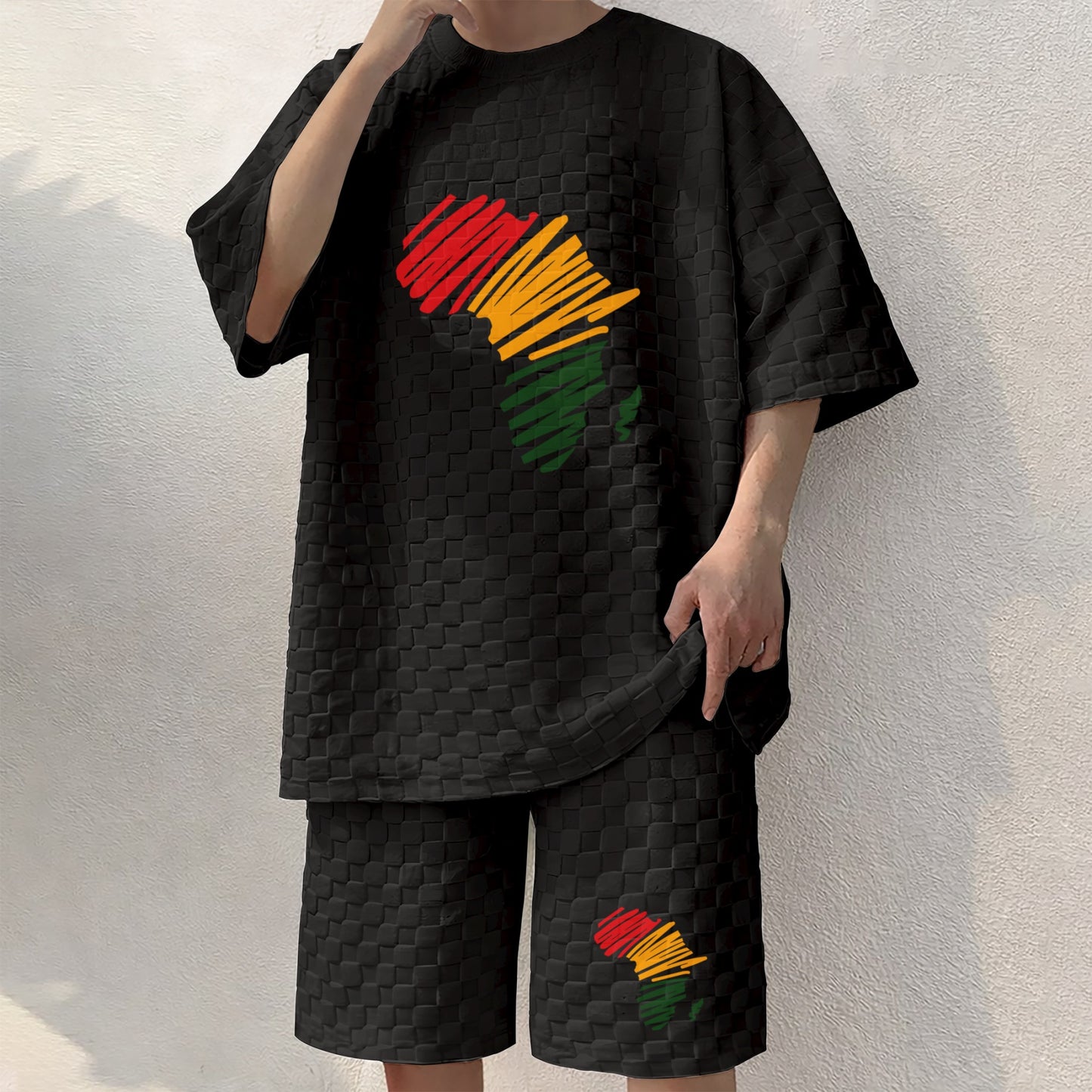 Men's Black History Print Spring And Summer Drawstring Shorts Set, A Casual Summer Outfit, Including A Short-Sleeved Shirt And Shorts, Suitable For Everyday Wear And Sports Activities.
